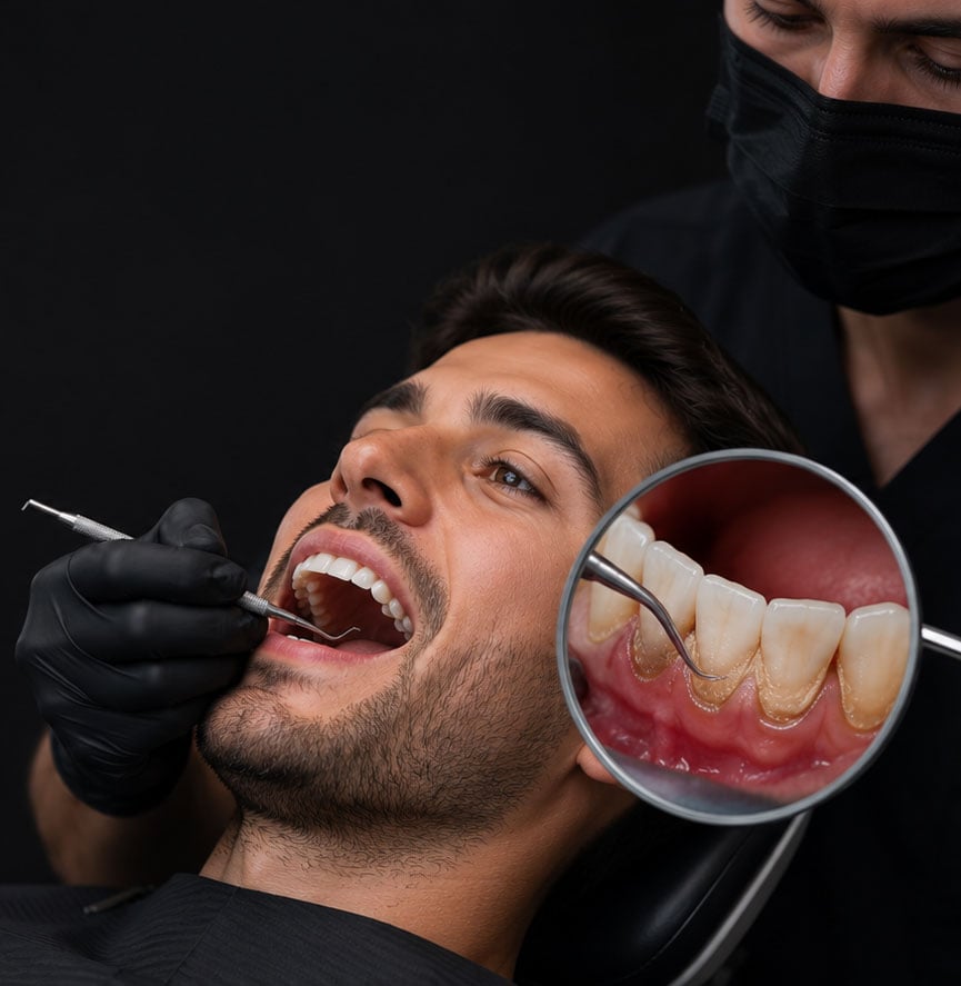 A patient's teeth being scaled, shown close up in a dental mirror
